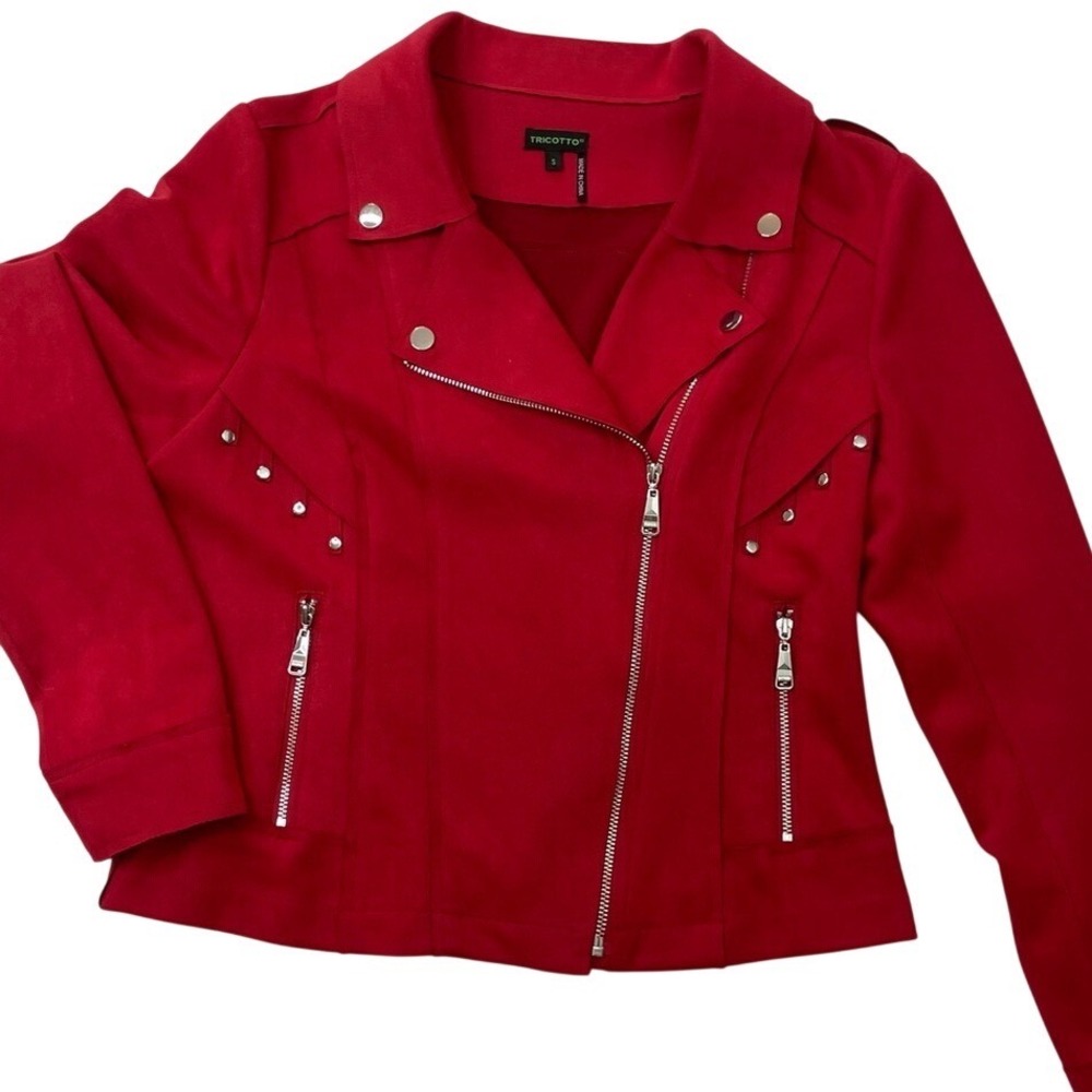 Tricotto Womens Red‎ Faux Suede Studded Asymmetrical Moto Jacket Small